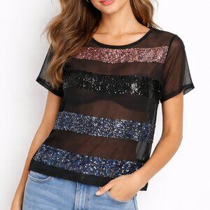 Material Girl Black Sheer Glitter Top Shirt Blouse Tee T-shirt size XS